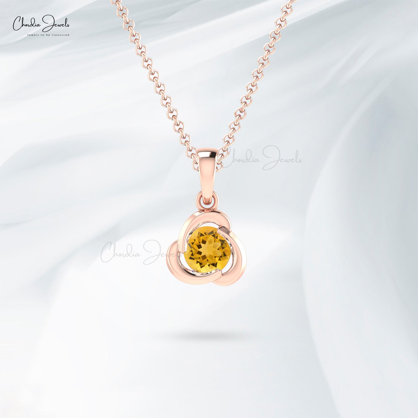 Solitaire 14k Solid Gold Twisted Pendant With 7mm Round Citrine Dainty Necklace