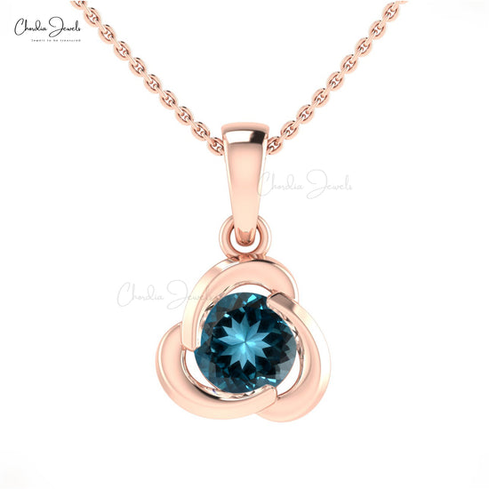 Solid 14k Gold London Blue Topaz 7mm Round Gemstone Twisted Pendant For Her