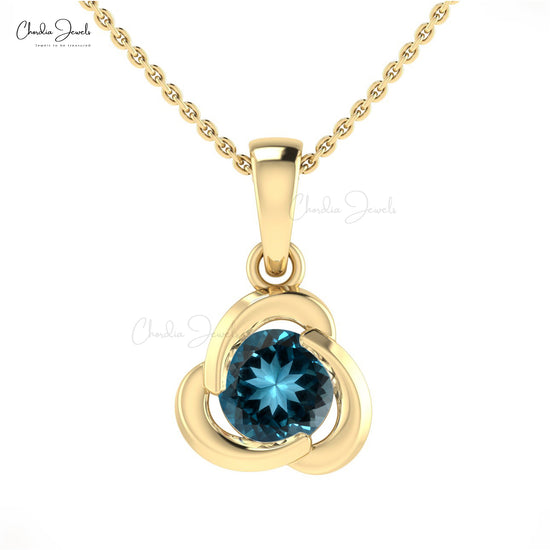 Solid 14k Gold London Blue Topaz 7mm Round Gemstone Twisted Pendant For Her