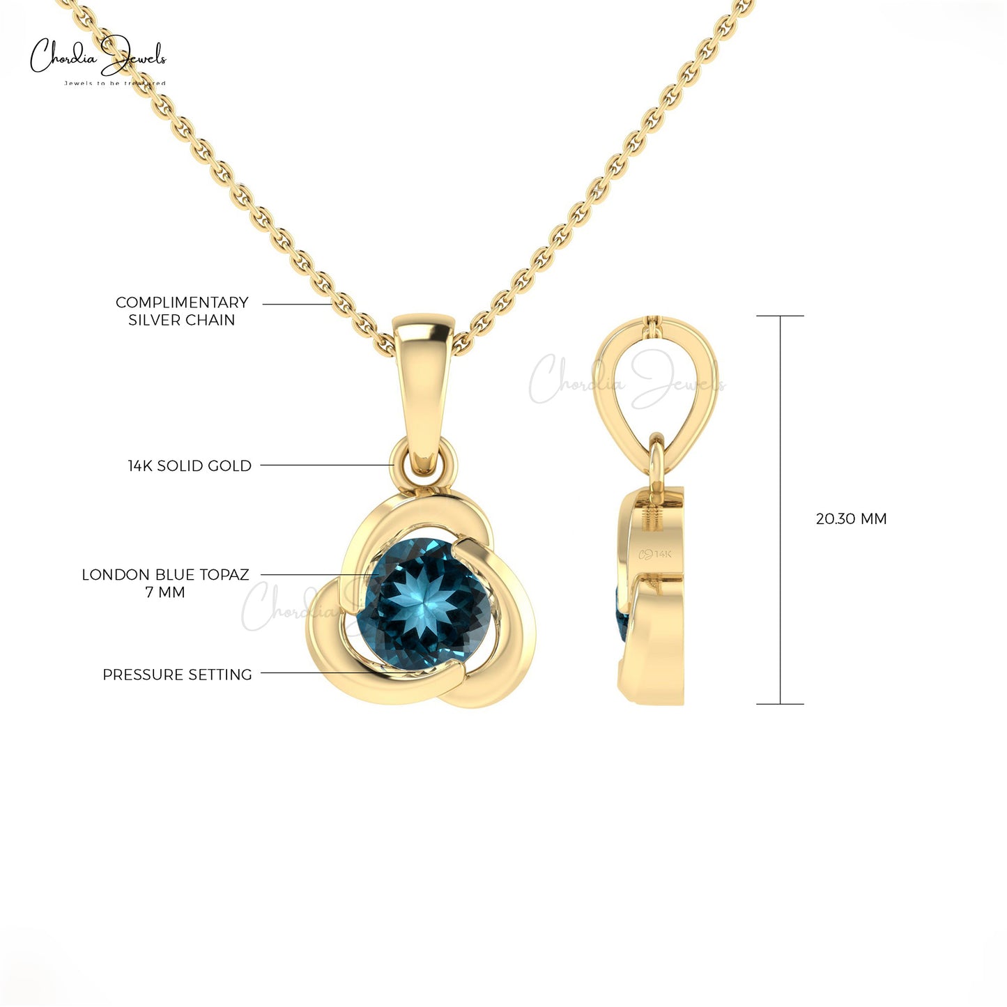 Solid 14k Gold London Blue Topaz 7mm Round Gemstone Twisted Pendant For Her