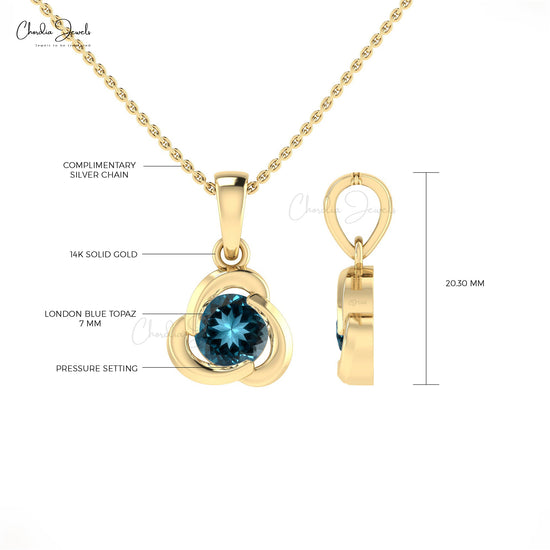 Solid 14k Gold London Blue Topaz 7mm Round Gemstone Twisted Pendant For Her