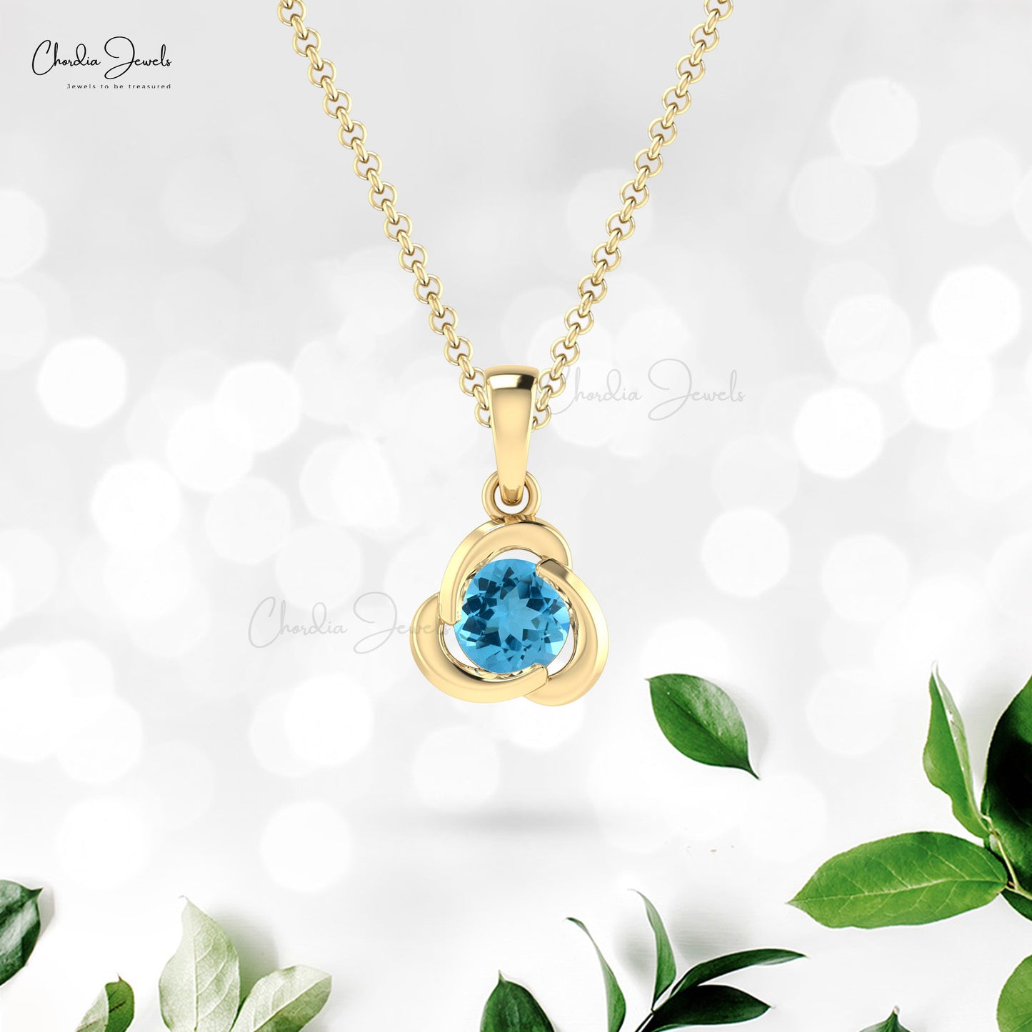 Solitaire Swiss Blue Topaz Pendant In Real 14k Gold Gemstone Dangle Fine Jewelry