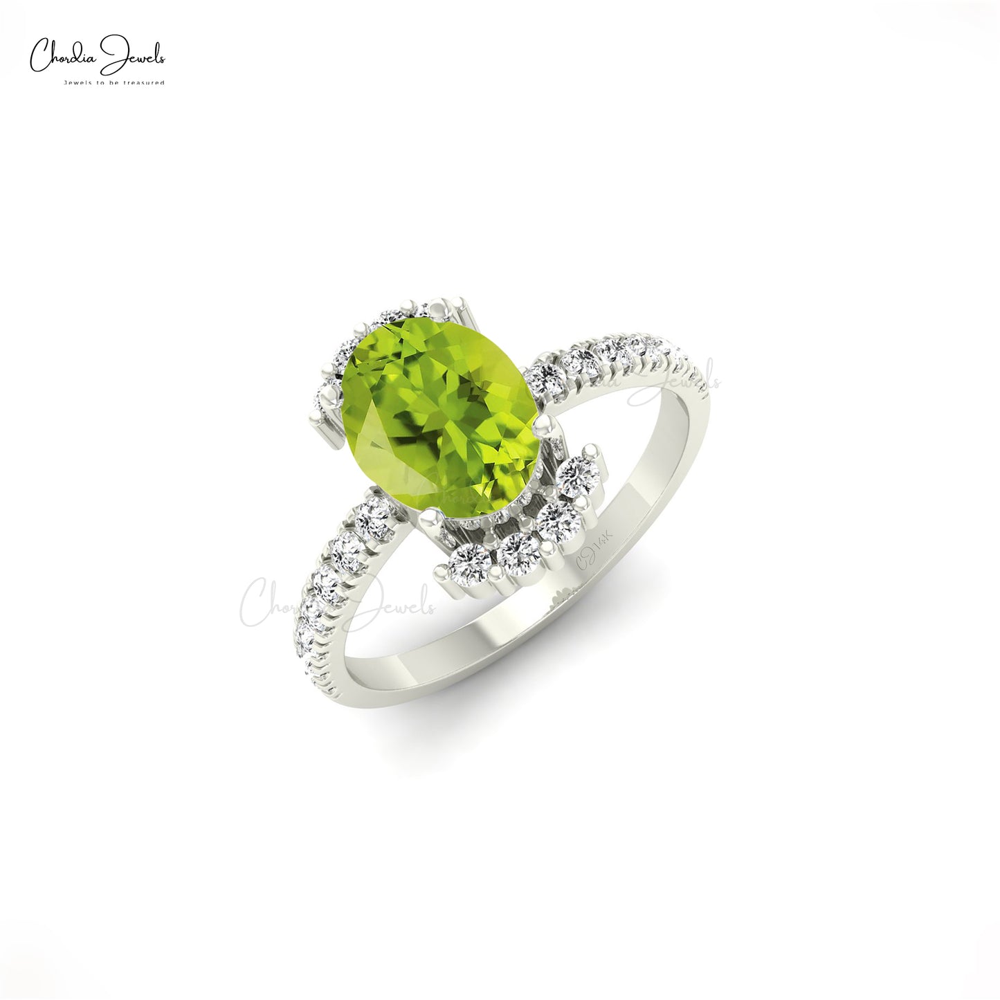 Halfway Diamond 14k Solid Gold Ring With 8x6mm Peridot August Birthstone Halo Ring