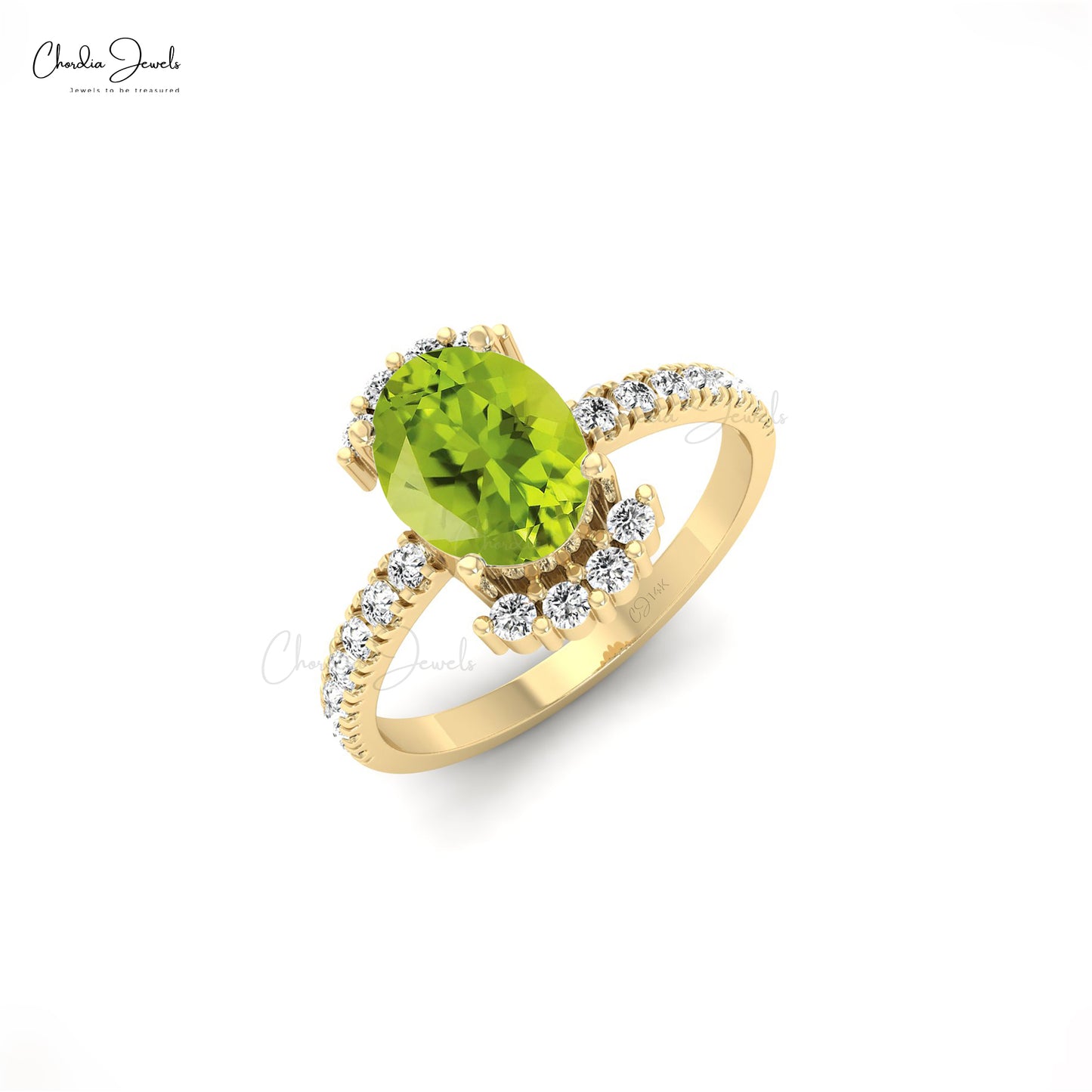 Halfway Diamond 14k Solid Gold Ring With 8x6mm Peridot August Birthstone Halo Ring