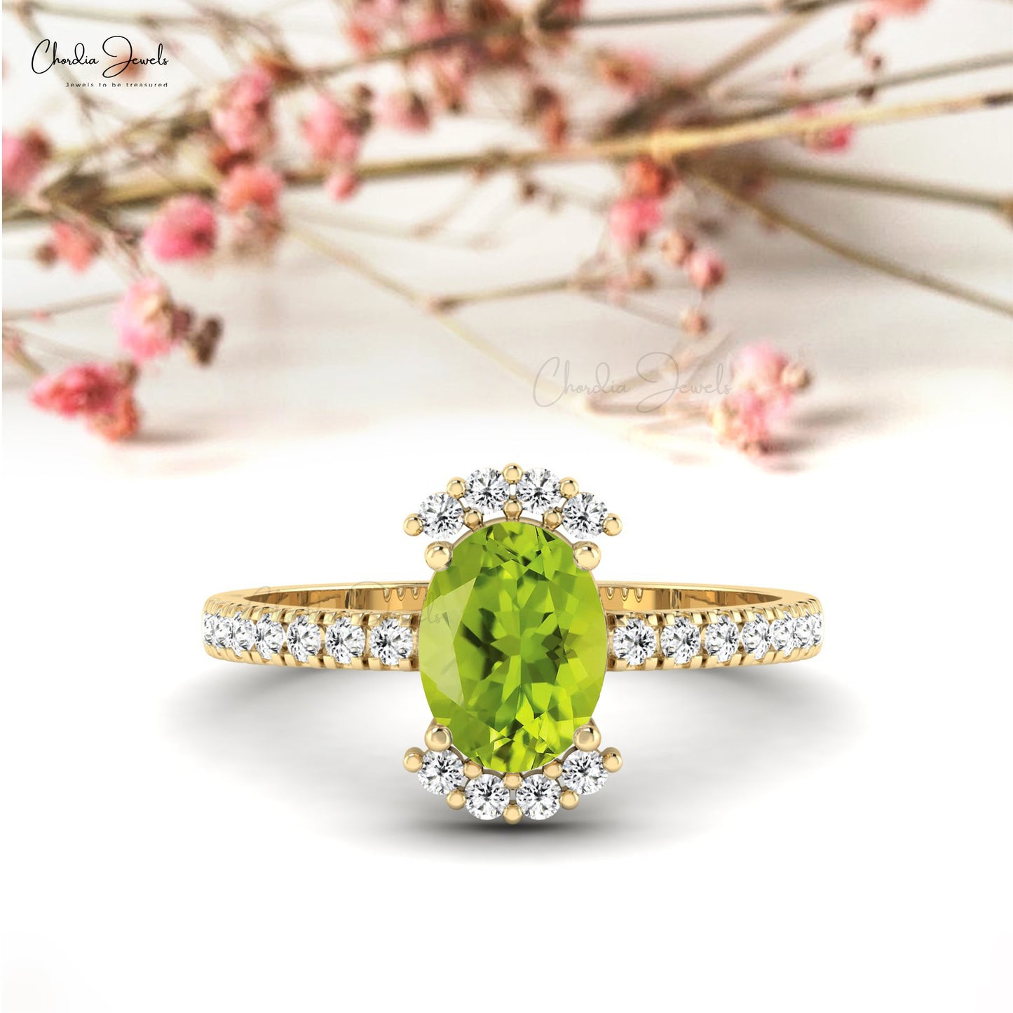 Halfway Diamond 14k Solid Gold Ring With 8x6mm Peridot August Birthstone Halo Ring