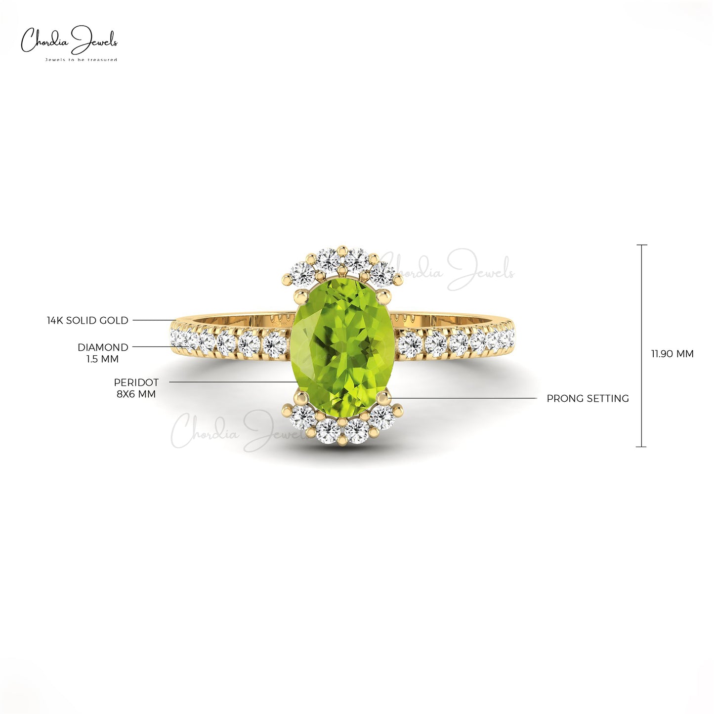 Halfway Diamond 14k Solid Gold Ring With 8x6mm Peridot August Birthstone Halo Ring