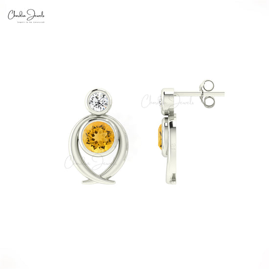 Dual Stone Bezel Set Studs With 5mm Citrine And Diamond Accents In 14k Solid Gold Earrings