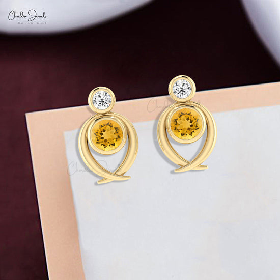 Dual Stone Bezel Set Studs With 5mm Citrine And Diamond Accents In 14k Solid Gold Earrings