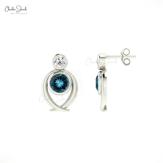 Dual Birthstone London Blue Topaz & Diamond 2 Stone Earrings in 14k Solid Gold Jewelry