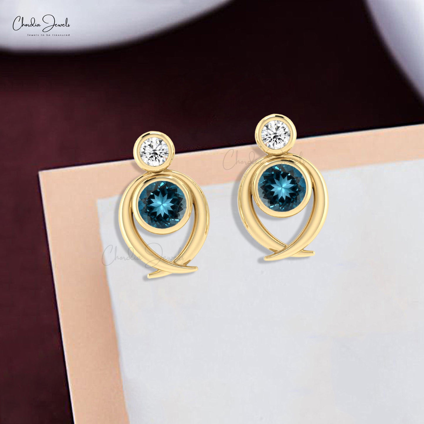 Dual Birthstone London Blue Topaz & Diamond 2 Stone Earrings in 14k Solid Gold Jewelry