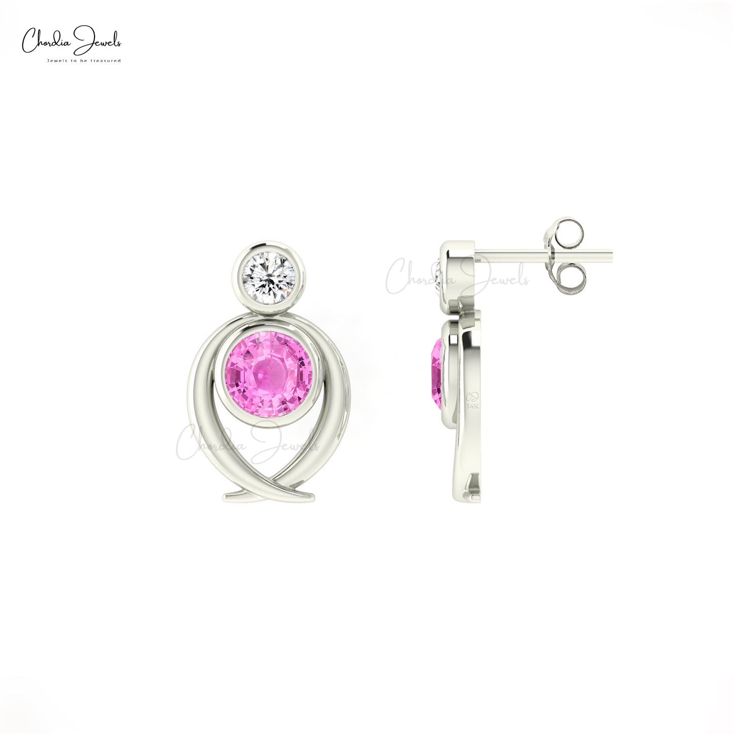 Two Stone Push Back Earrings With 5mm Pink Sapphire And Diamond Studs In 14k Real Gold