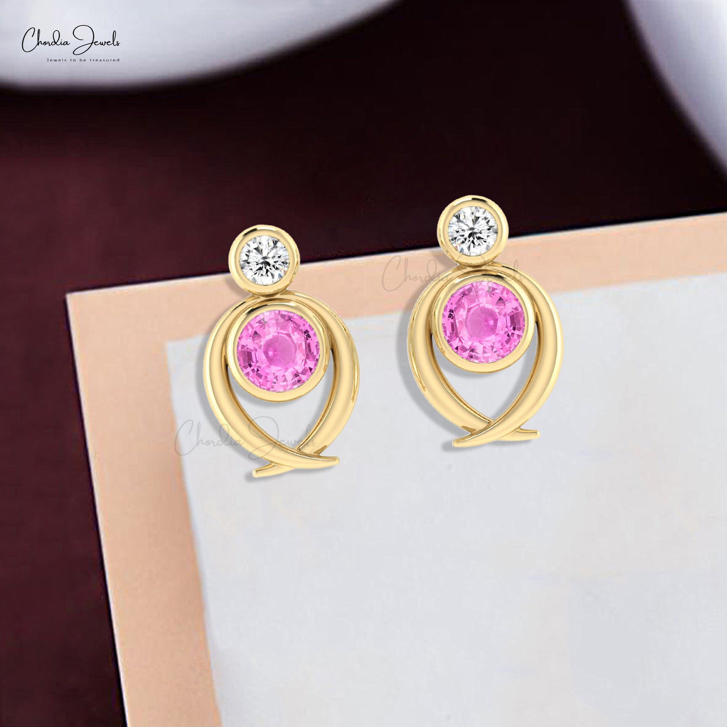 Two Stone Push Back Earrings With 5mm Pink Sapphire And Diamond Studs In 14k Real Gold