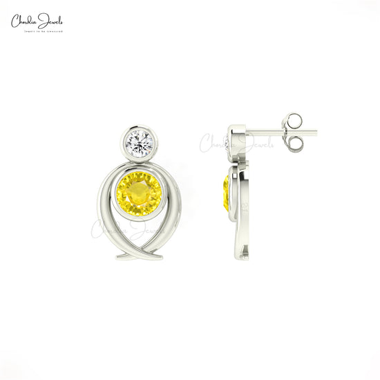 Two Stone Round Earrings With 0.94 Ct Yellow Sapphire G-H Diamond Minimal Studs For Her