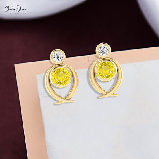 Two Stone Round Earrings With 0.94 Ct Yellow Sapphire G-H Diamond Minimal Studs For Her