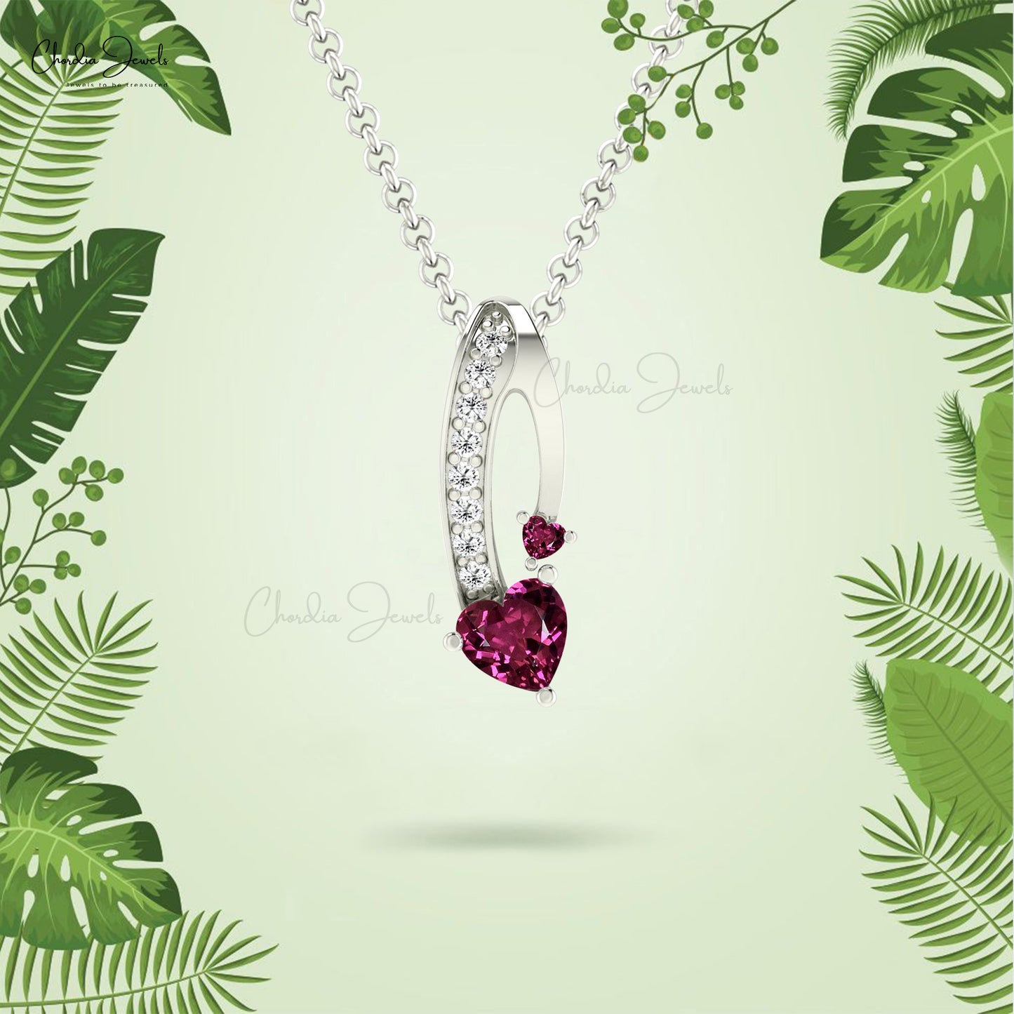 Solid 14k Gold Twisted Pendant With Heart Shape 6mm Rhodolite Garnet And Diamond Necklace