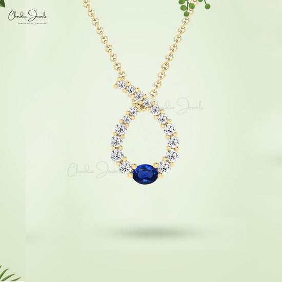 Twisted 4x3mm Blue Sapphire And 14k Solid Gold Diamond Curved Pendant For Wife