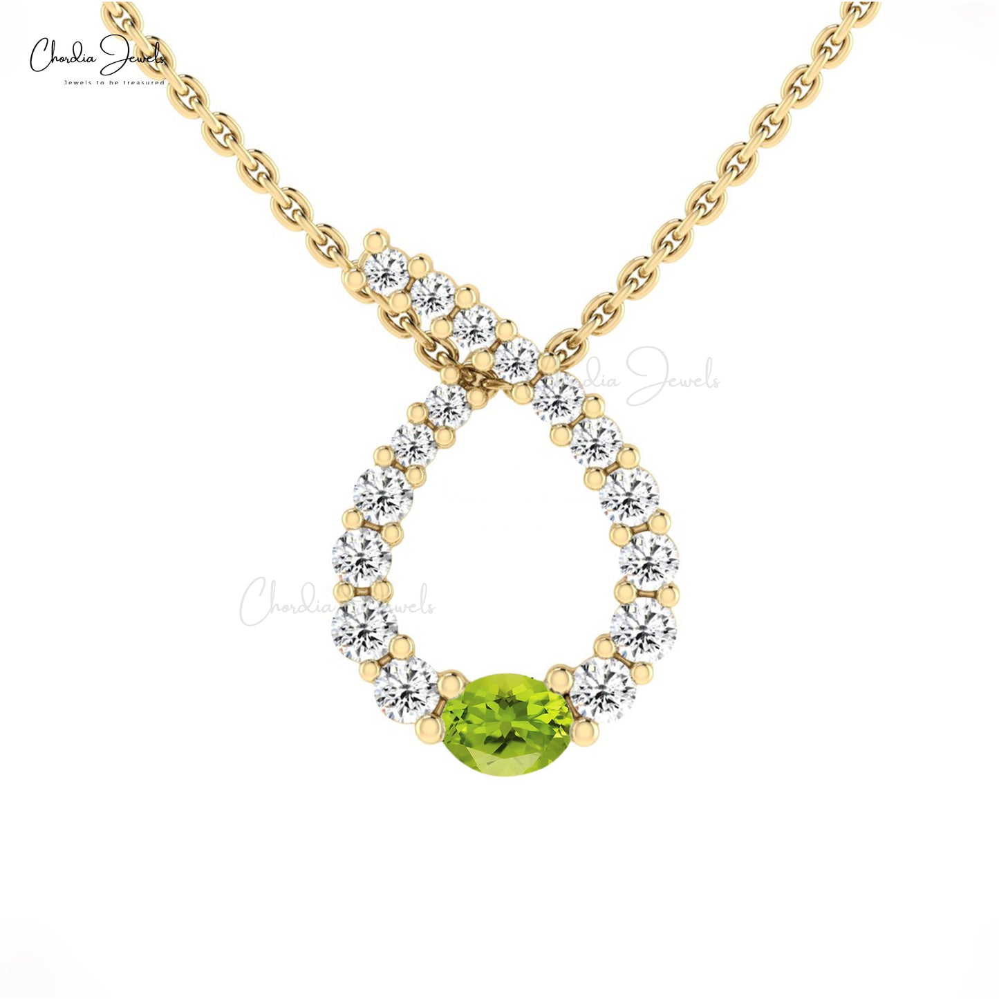 Real 14k Gold Twisted Pendant With 4x3mm Oval Peridot & Diamond Women Pendant