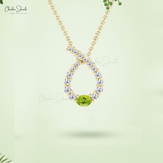 Real 14k Gold Twisted Pendant With 4x3mm Oval Peridot & Diamond Women Pendant