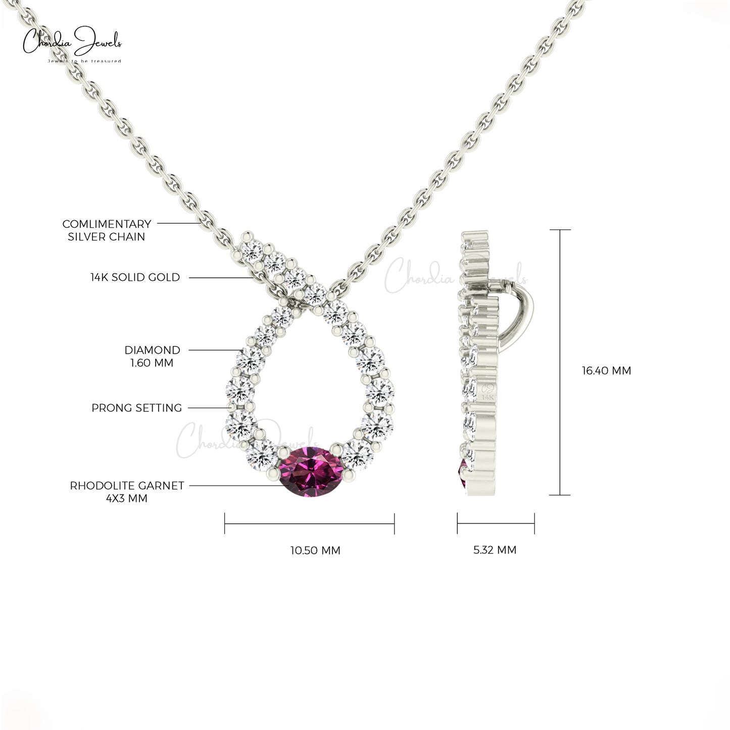 Oval Shape Rhodolite Garnet Pendant Necklace