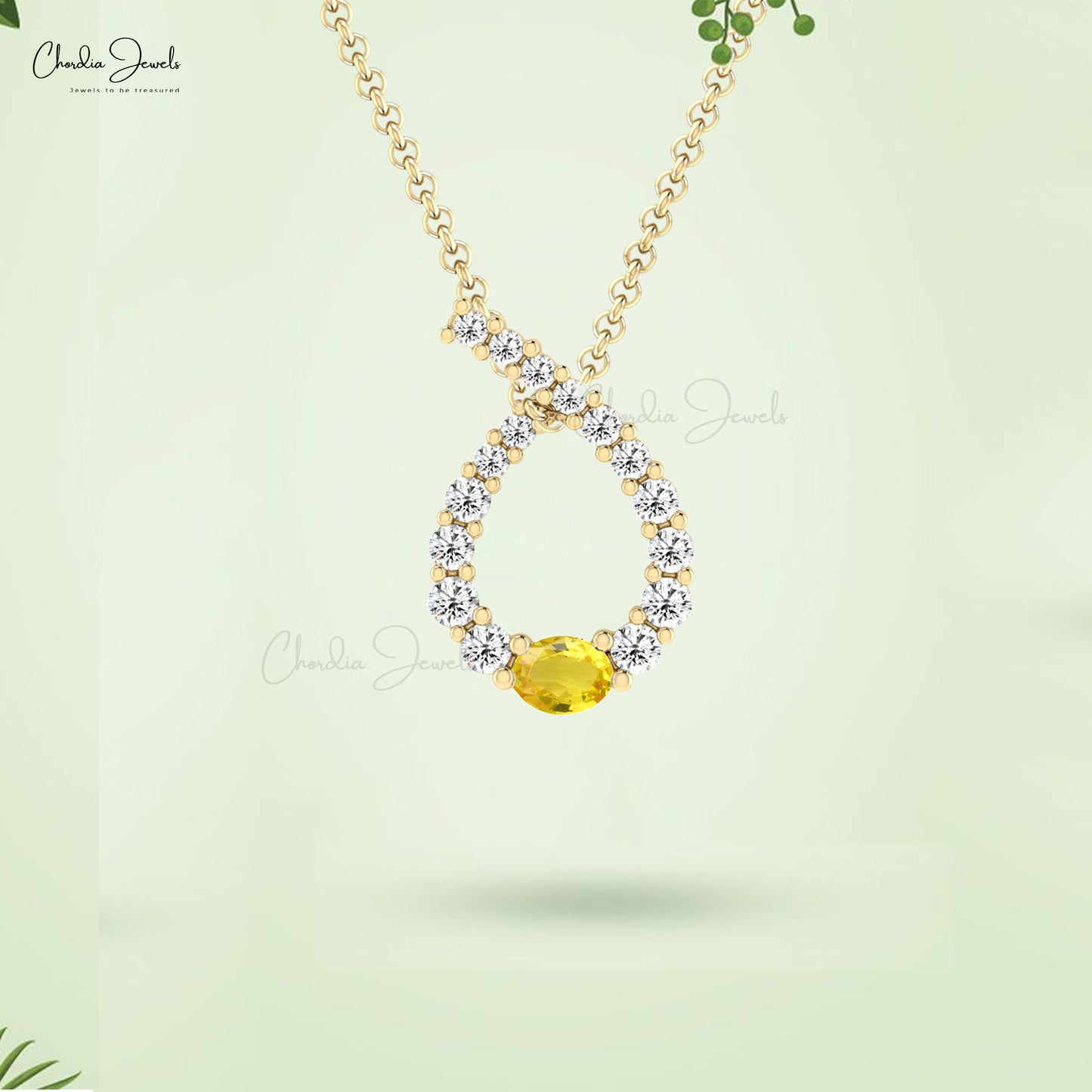 Twisted 4x3mm Yellow Sapphire with White Diamond 14k Solid Gold Unique Pendant