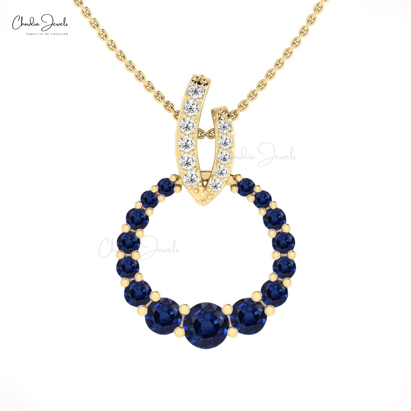 Open Circle Genuine Round Blue Sapphire And Real 14k Gold Diamond Unique Pendant