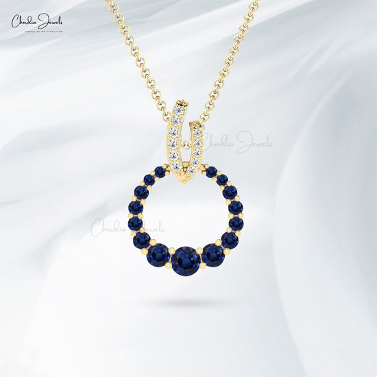 Brilliant Cut Circle Pendant In 14k Pure Gold Blue Sapphire With Pave Diamond Fine Jewelry