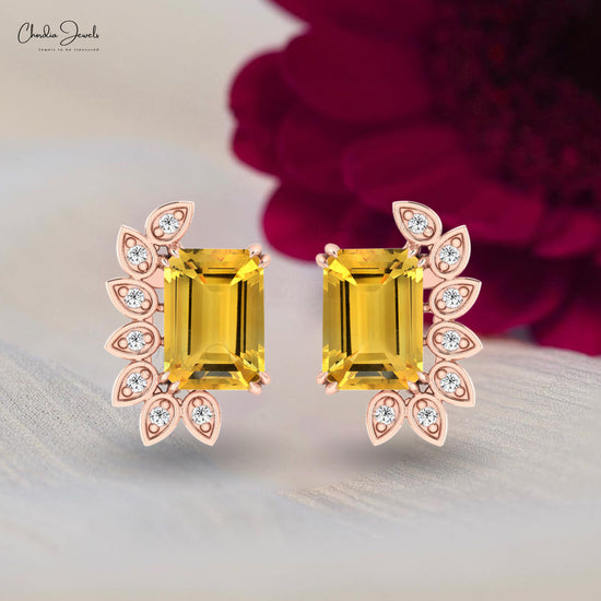 Genuine Octagon Cut 2 CT Citrine And Pave Diamond Studs Earrings In 14k Solid Gold For Her