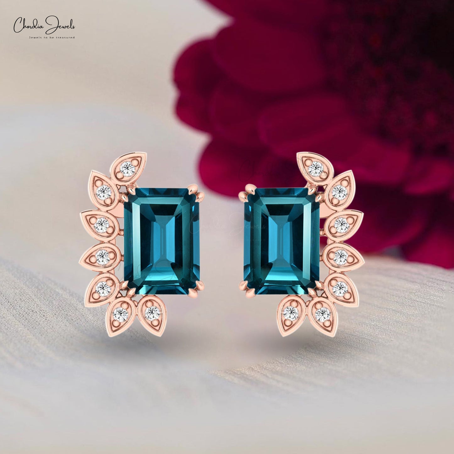 Delicate Statement Earrings In Solid 14k Gold London Blue Topaz & Diamond Push Bank Studs