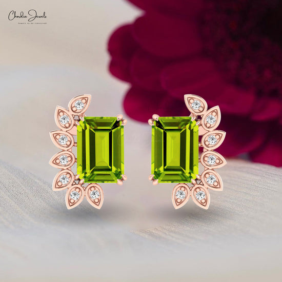 Solid 14k Gold Statement Studs With 7x5mm Green Peridot And Diamond Earrings For Women