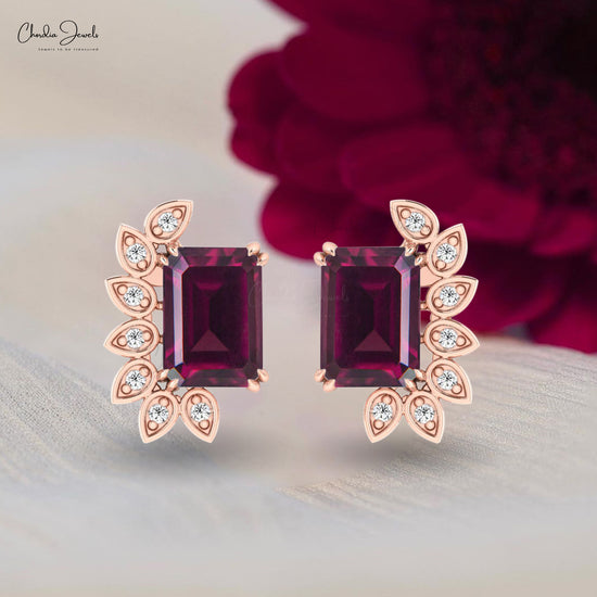 Octagon Cut 2 CTW Rhodolite Garnet And G-H Diamond Real 14k Gold Statement Wedding Earrings