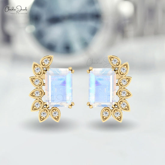 Statement Wedding Earrings with 2 Ct Moonstone And Diamond 14k Real Gold Wings Studs