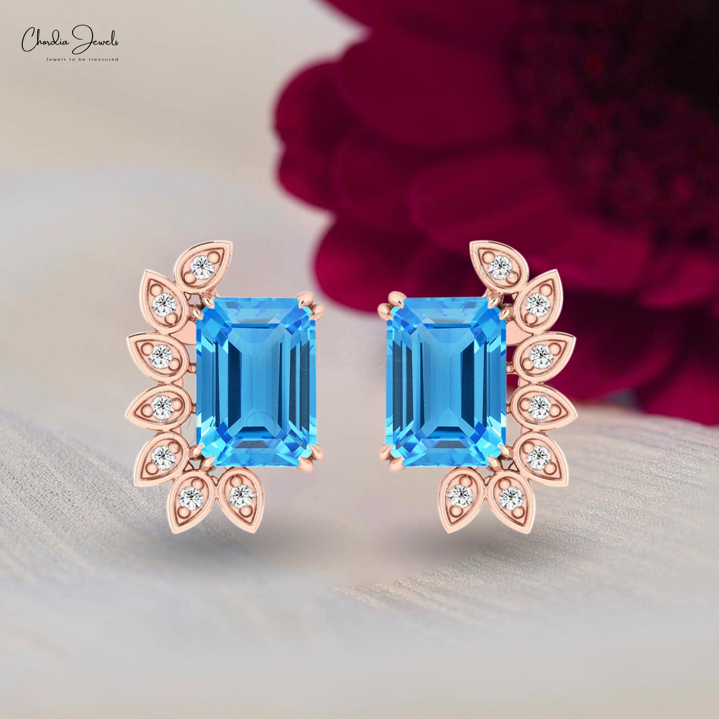 Statement Earrings With 7x5mm Swiss Blue Topaz And Diamond Bridal Earrings In 14k Real Gold