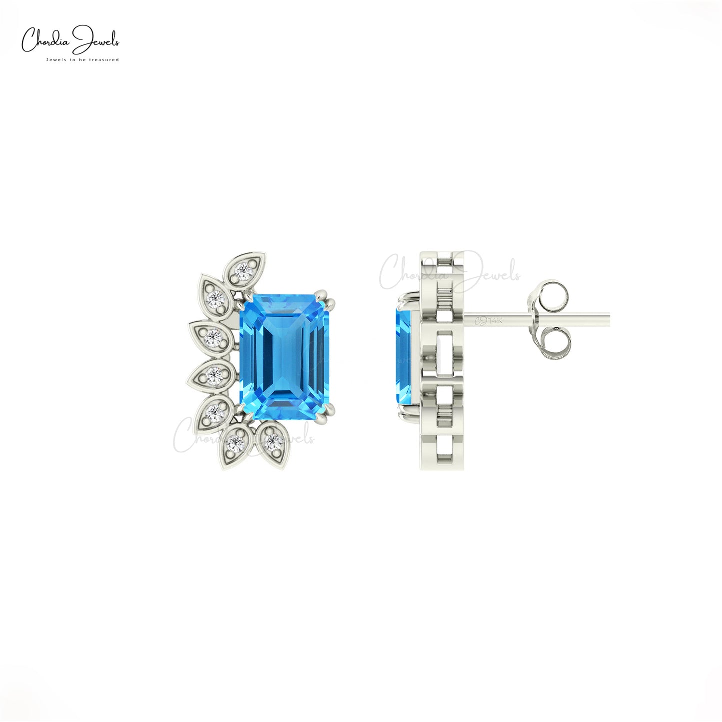 Statement Earrings With 7x5mm Swiss Blue Topaz And Diamond Bridal Earrings In 14k Real Gold