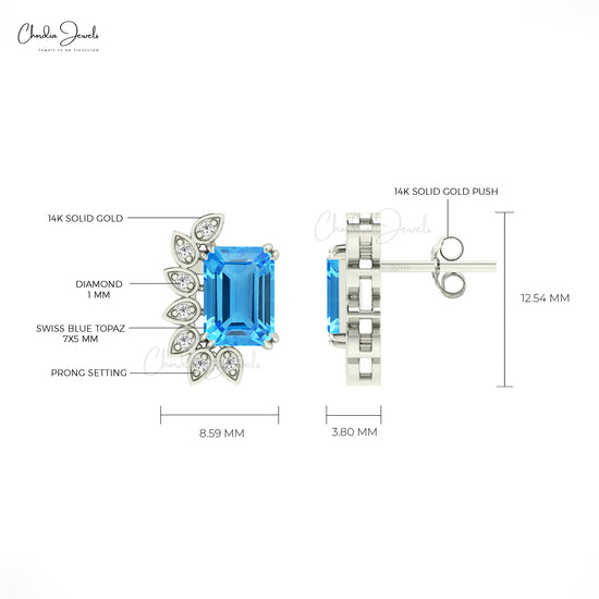 Statement Earrings With 7x5mm Swiss Blue Topaz And Diamond Bridal Earrings In 14k Real Gold