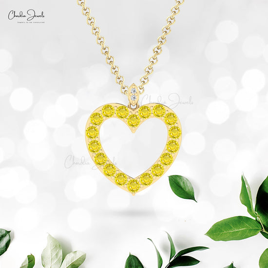 Open Heart 3.5mm Yellow Sapphire With Solid 14k Gold Diamond Pendant For Wife