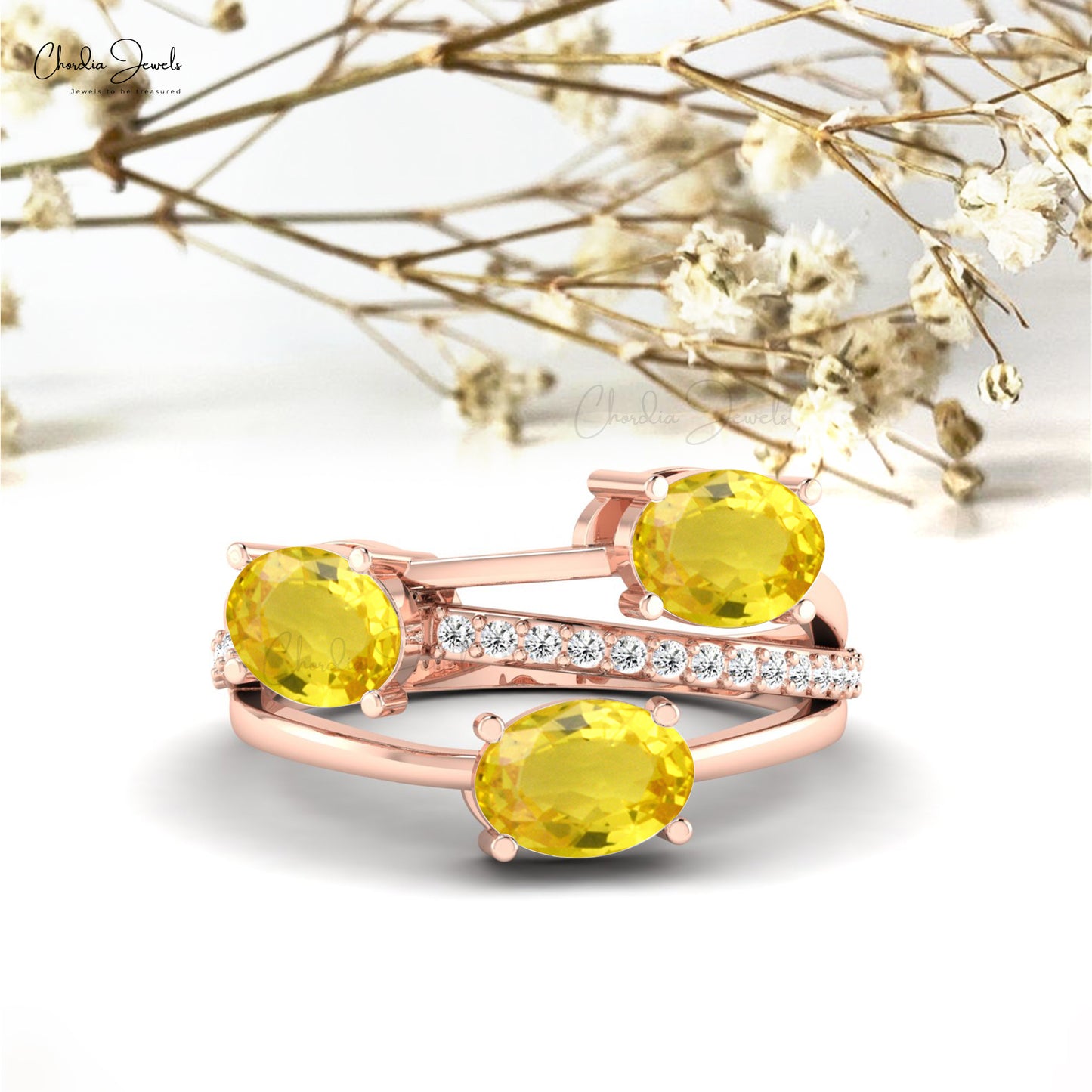 Three Stone Ring With 2.2 CTW Yellow Sapphire And Pave Diamond 14k Solid Gold Wedding Ring