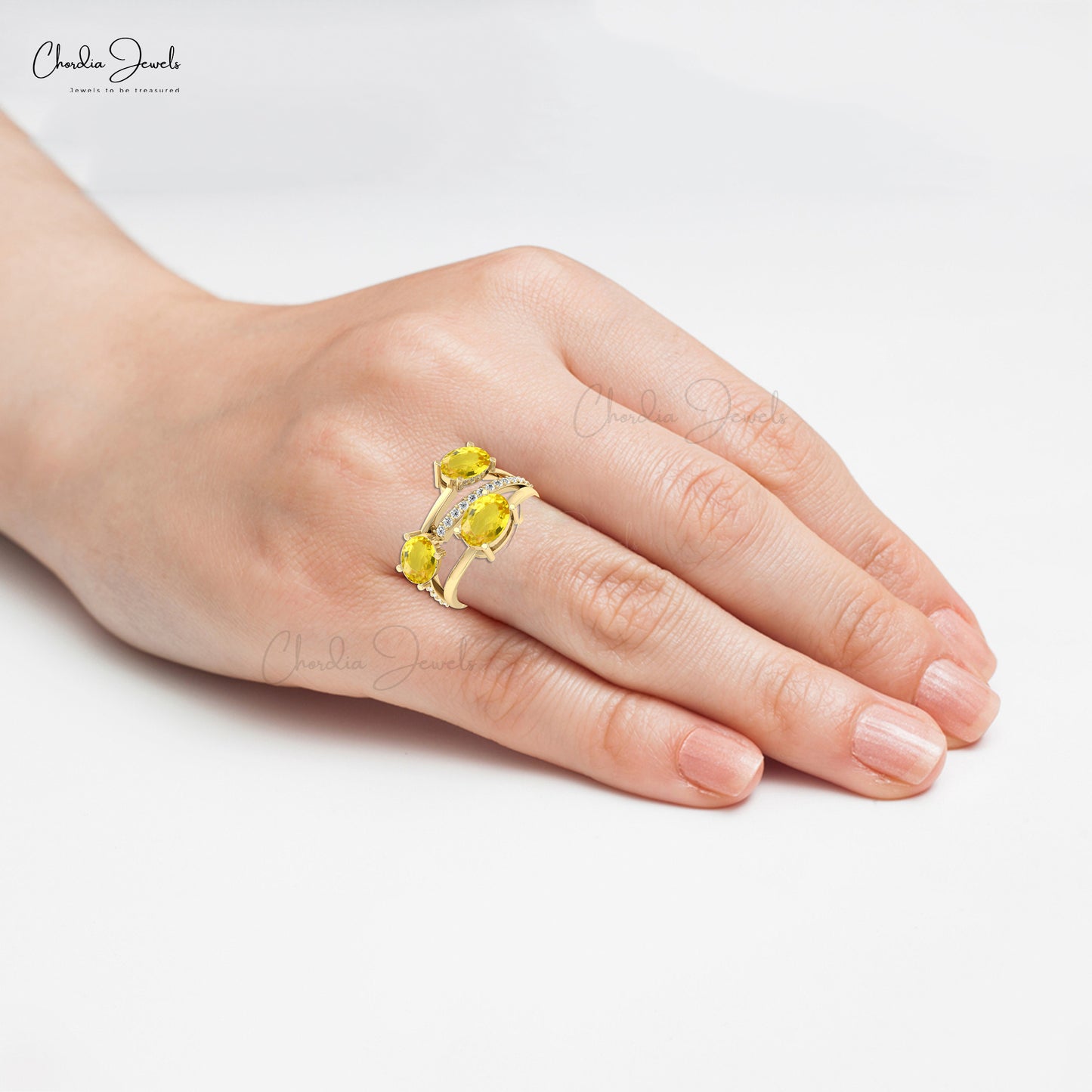 Three Stone Ring With 2.2 CTW Yellow Sapphire And Pave Diamond 14k Solid Gold Wedding Ring