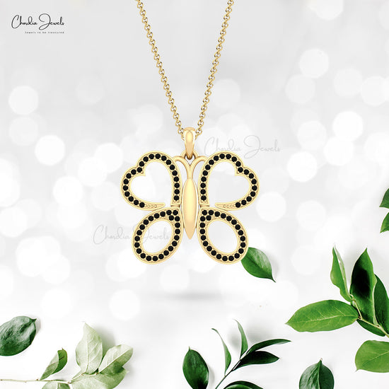 Butterfly Genuine Round Black Diamond Pave Set Pendant In 14k Solid Gold