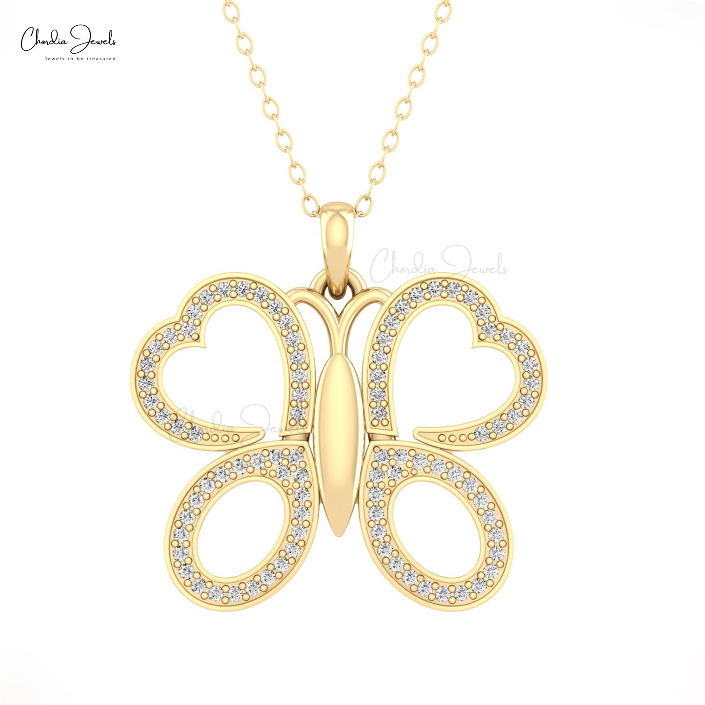 Dual Heart Shape Butterfly 0.44 CTW Genuine Diamond Pave Set 14k Gold Pendant for Her