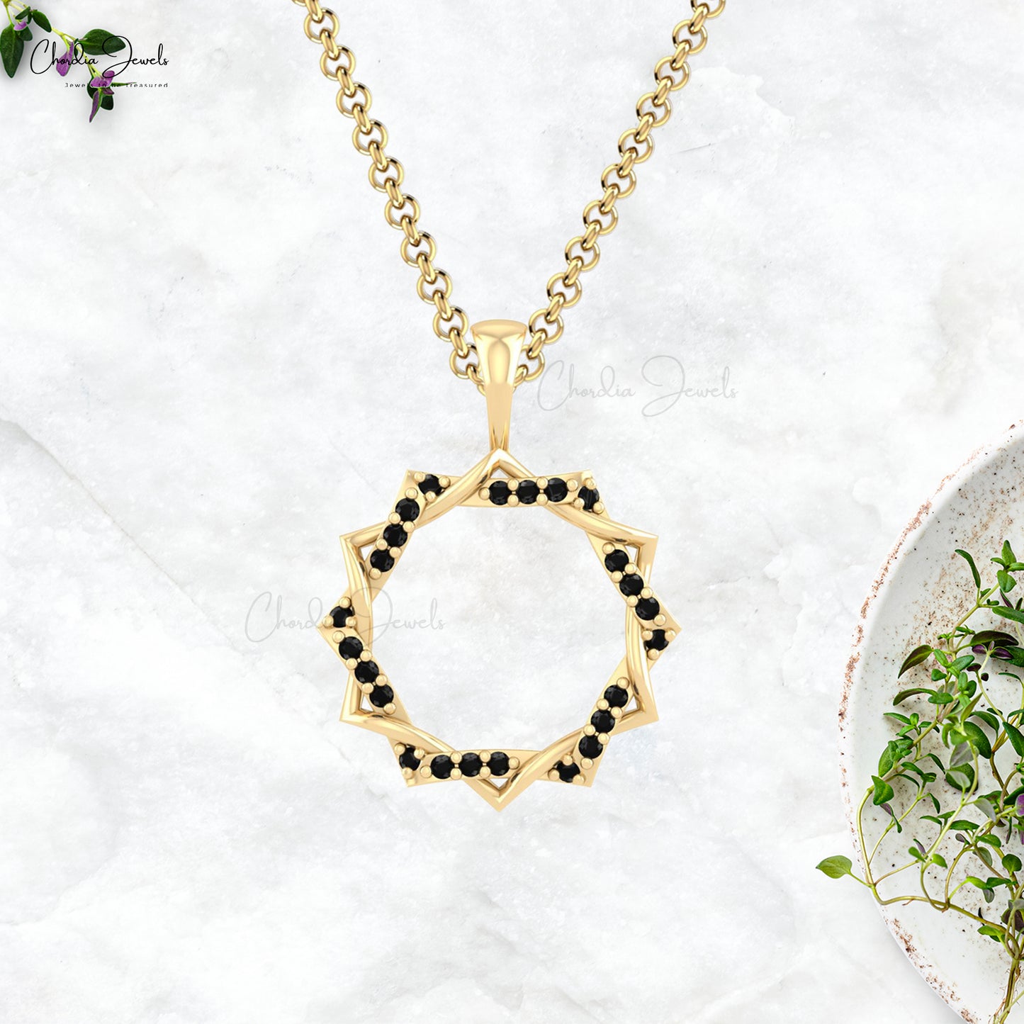 Twisted Ribbon Open Pendant With 0.12 Ct Black Diamond Pave Necklace In 14k Solid Gold