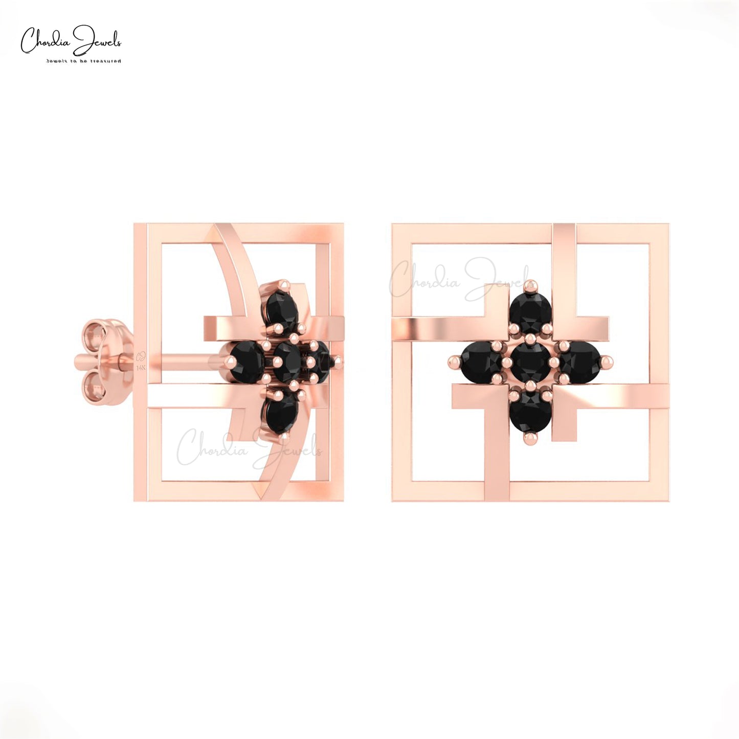 Solid 14k Gold Square Shape Earring With 0.30 Ct Black Diamond Cluster Handmade Earrings