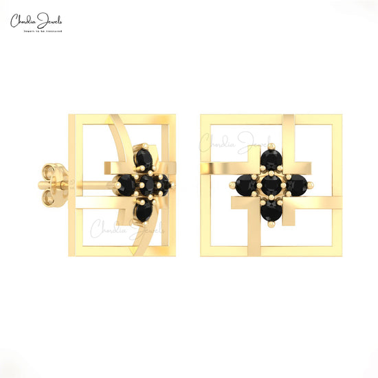 Solid 14k Gold Square Shape Earring With 0.30 Ct Black Diamond Cluster Handmade Earrings