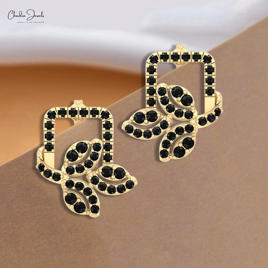 Olive Leaf Floral Studs With 1.29 Ct Black Diamond Push Back Earrings In 14k Solid Gold