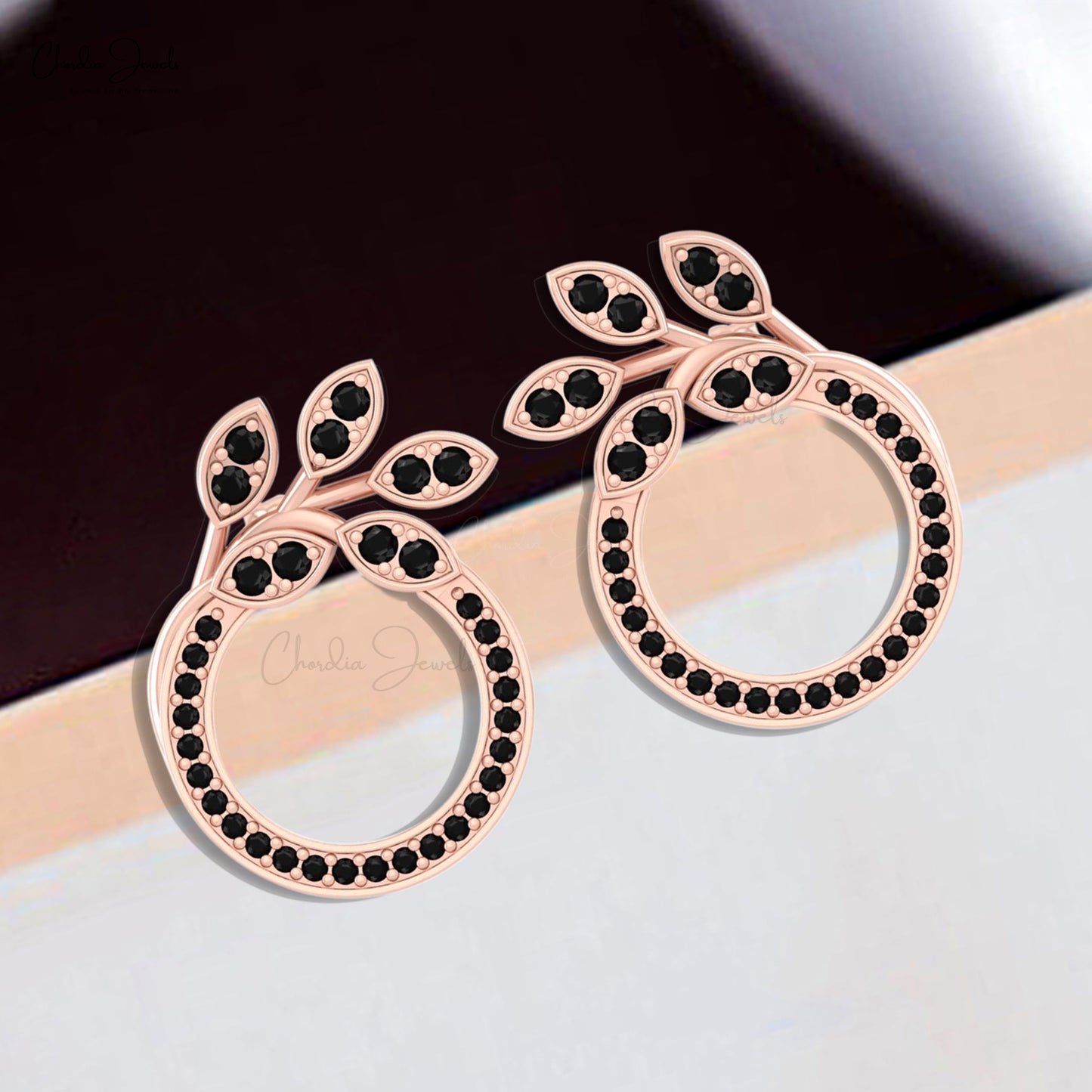 AAA Black Diamond Open Circle Stud With 1.5mm Round Cut Floral Earrings In 14k Solid Gold