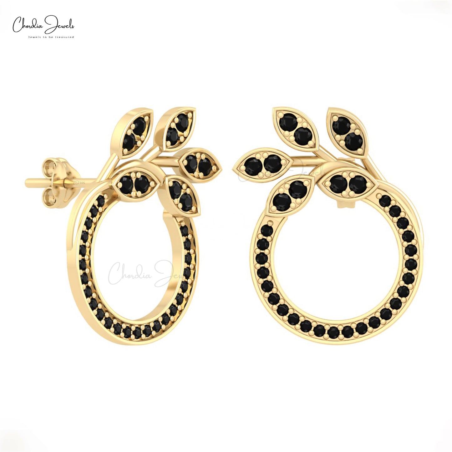 AAA Black Diamond Open Circle Stud With 1.5mm Round Cut Floral Earrings In 14k Solid Gold