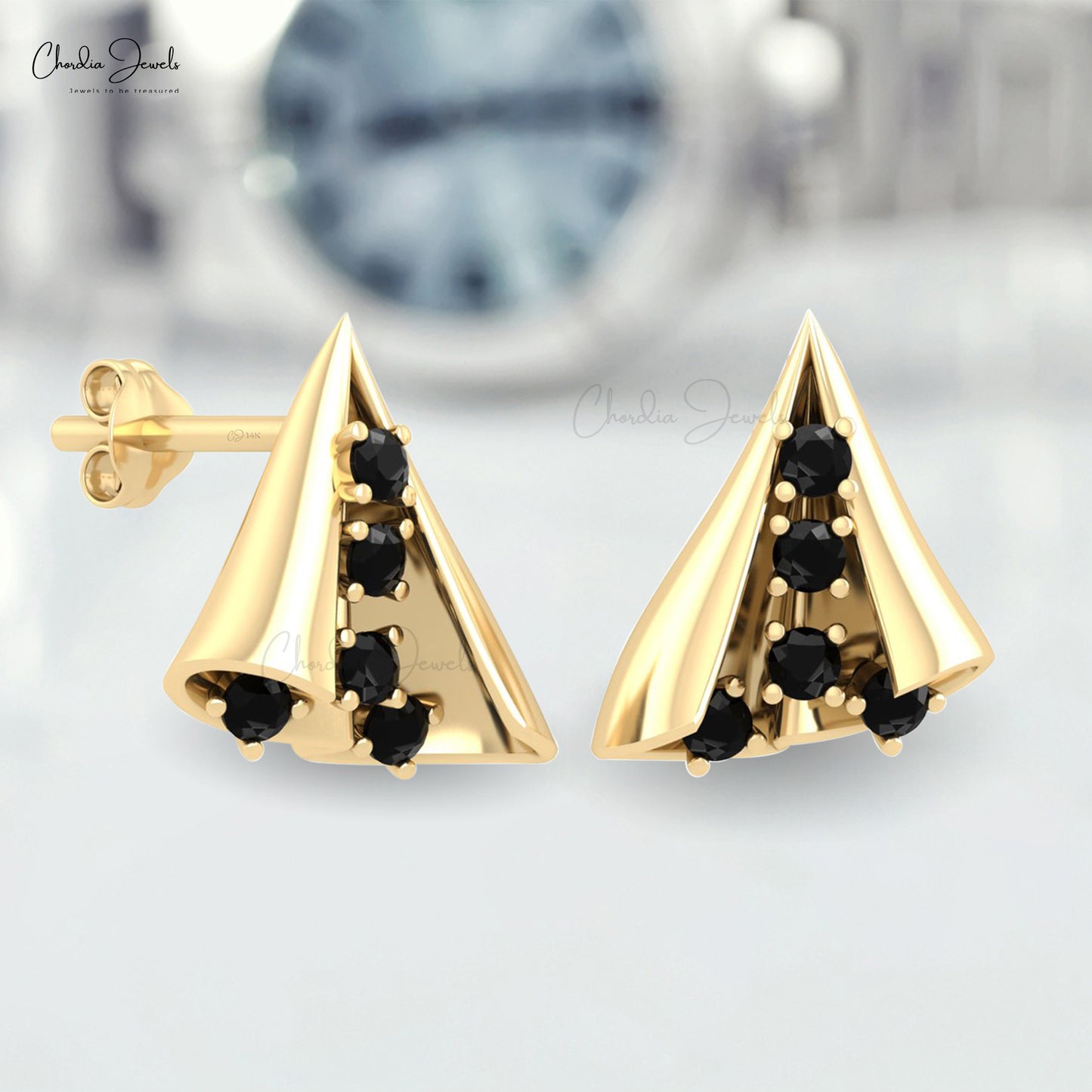 Brilliant Cut Dainty Studs With 2mm Black Diamond 14k Real Gold Curved Fine Earrings