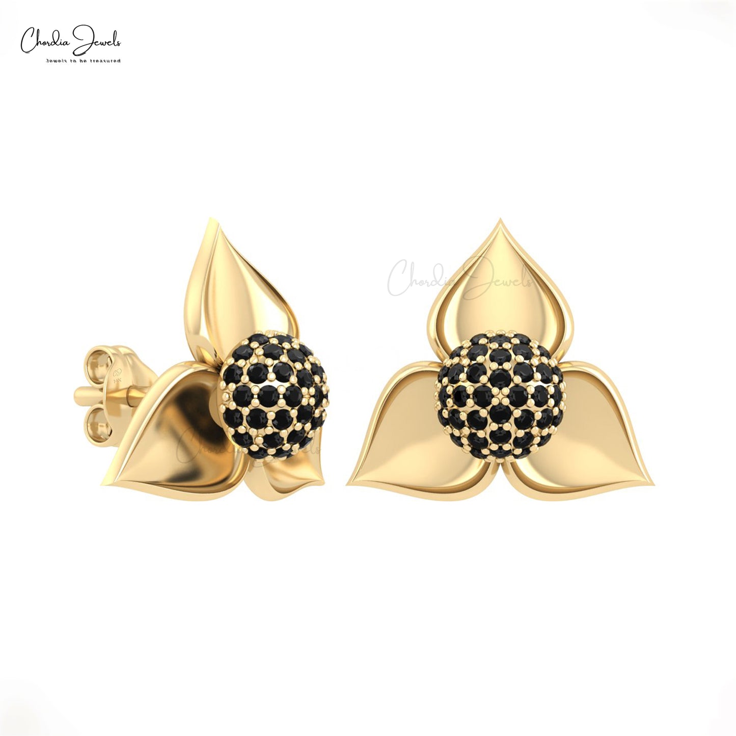 Dainty 0.36Ct Black Diamond  Detachable Floral Stud Earrings In 14k Real Gold