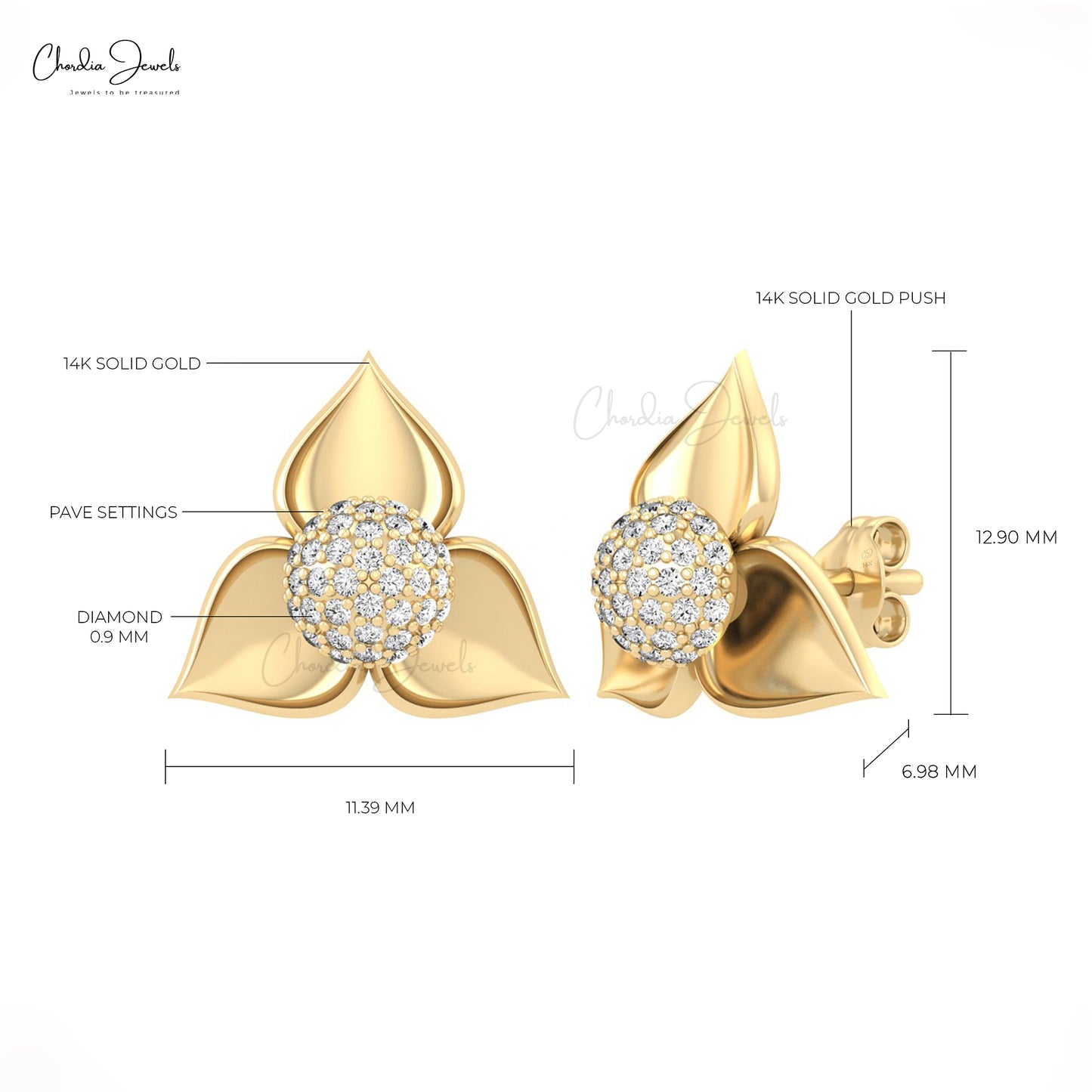 14k Solid Gold with 0.36Ct Diamond Detachable Floral Stud Earrings For Gift