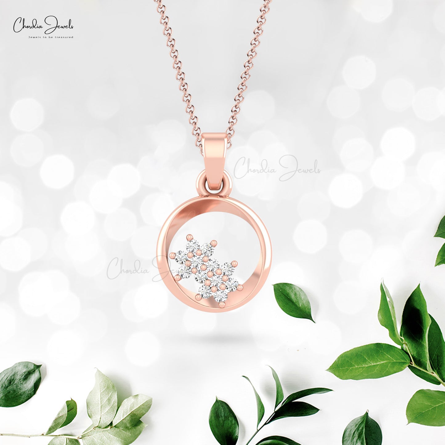 Solid 14k Gold Open Circle  Pendant With Pave Set 1mm G-H Diamond Cluster Unique Necklace