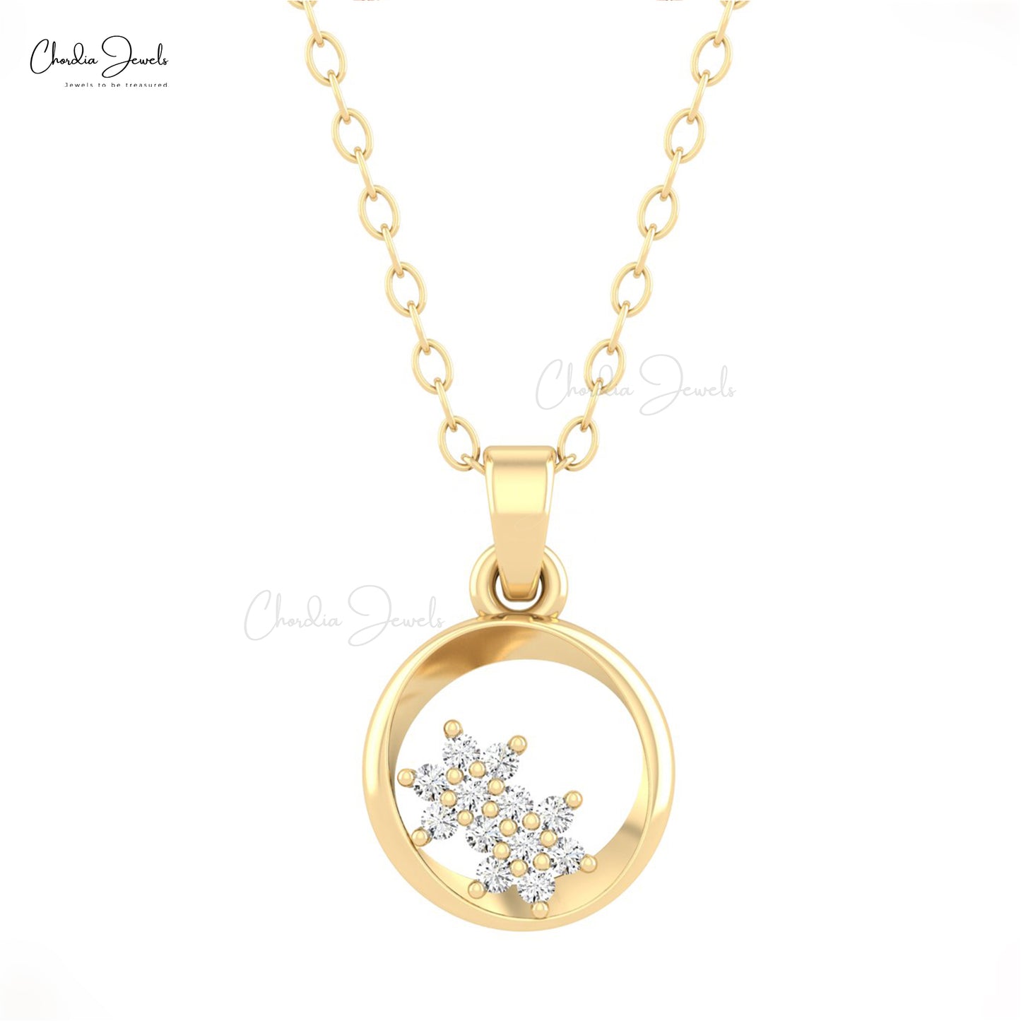 Solid 14k Gold Open Circle  With Pave Set 1mm G-H Diamond Cluster Unique Pendant